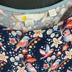 Boden Amelie Jersey Dress, Navy Blue Multi-colored Bird + Floral Pattern, Size 8